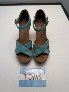 TOMS Sienna Light Blue Metallic Crisscross Ankle Strap Wedge Sandals